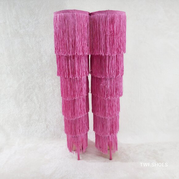 Gogo Fringed Thread Tassle OTK Thigh High Pink Satin High Heel Boots - Picture 4 of 14